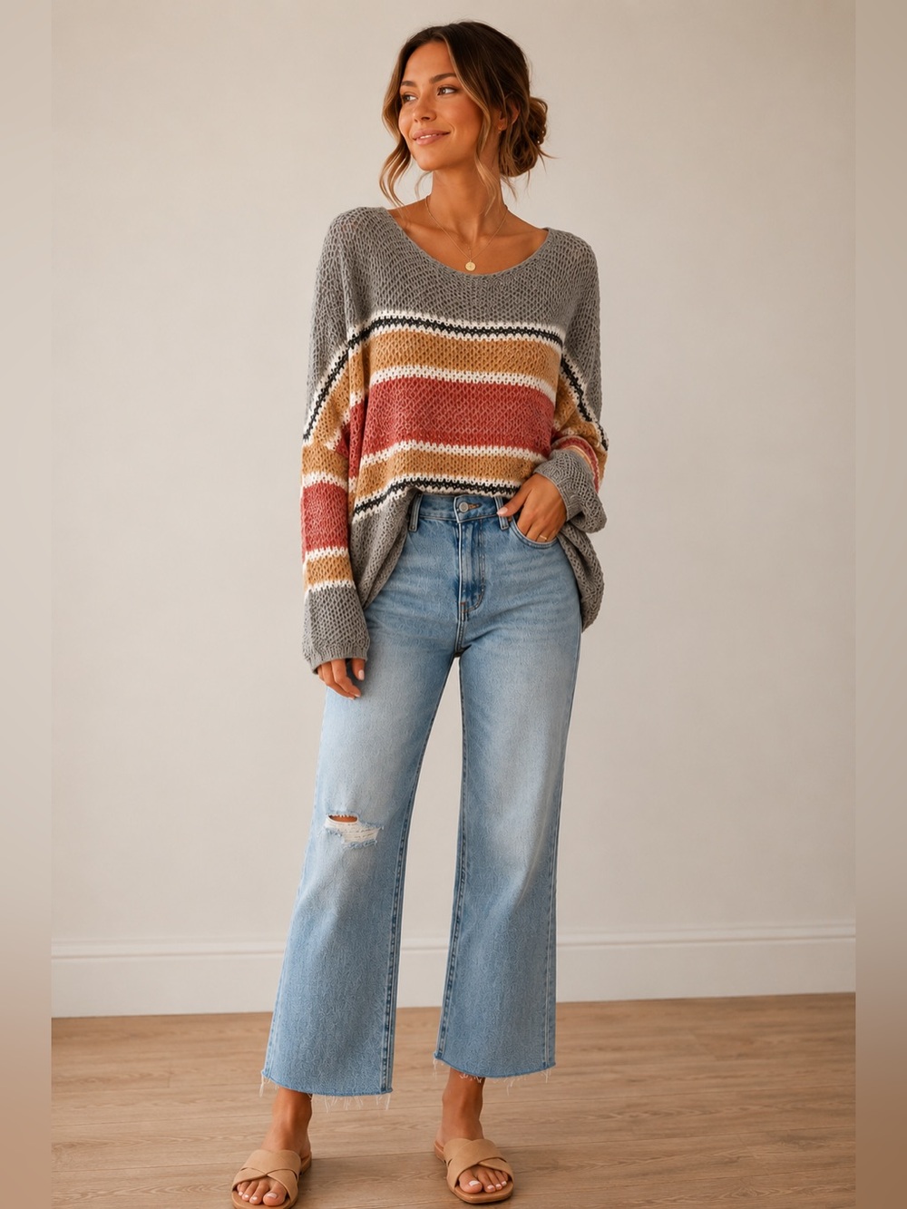 eesome Striped Knit Gray Sweater